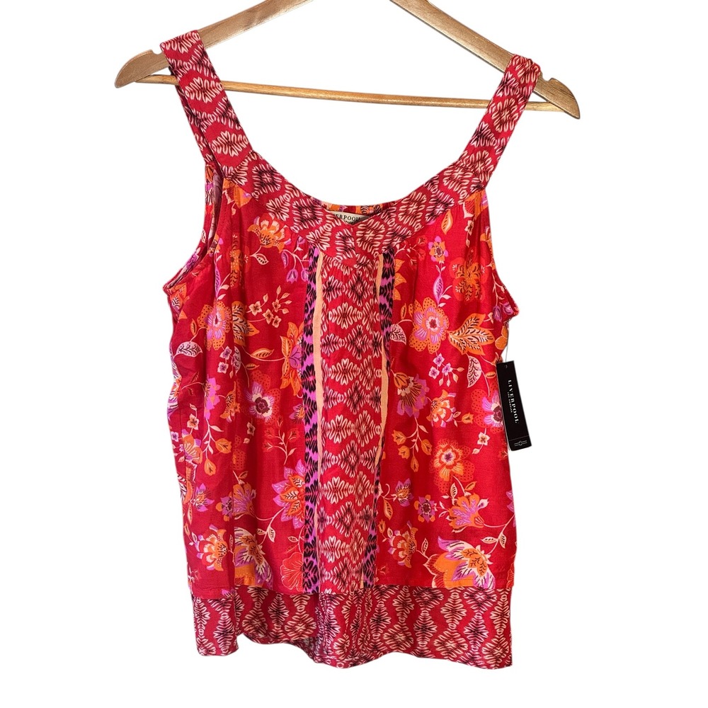 NWT Liverpool Red Floral Geometric Mixed Print Smocked Tank Top Small Boho